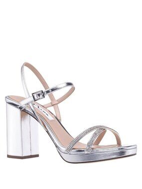 NWT Nina Strappy Block Heel Platform Evening Sandals STEVEN-YY Silver Gray 7.5M